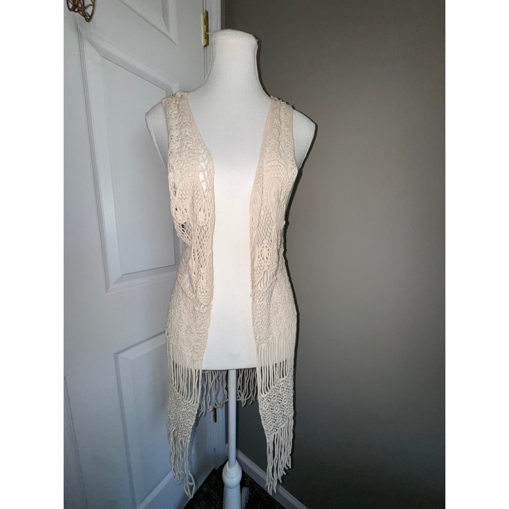 Cream Crochet Fringe Longline Vest Boho Open Front Sleeveless Festival Small